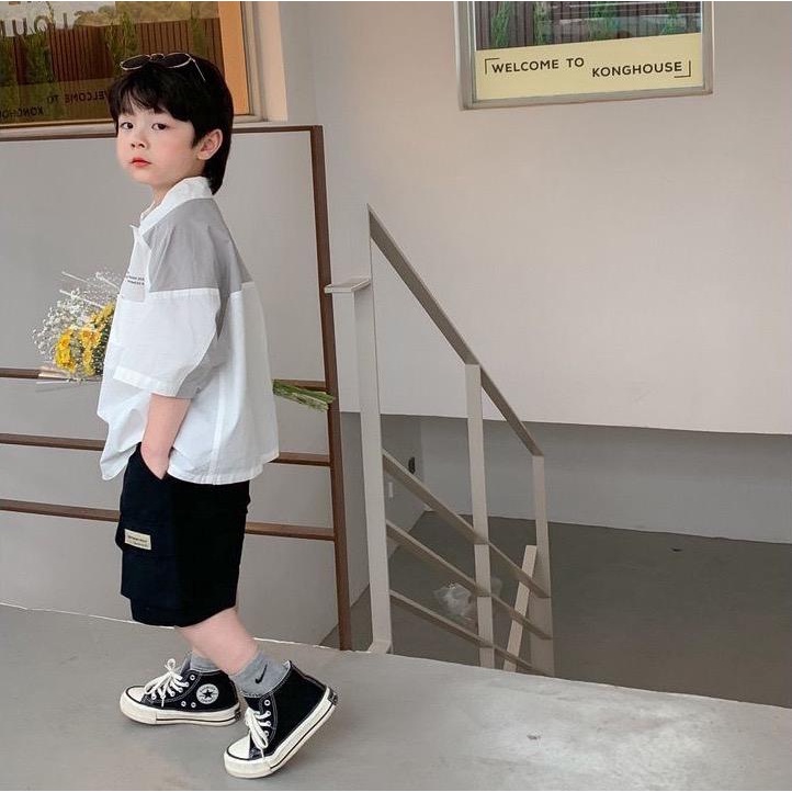 Áo sơ mi trắng bé trai AB502 sz 100-150 phối vai xám, sơ mi cổ bẻ thời trang hè năng động cho bé 2023