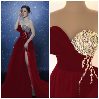 ĐẦM NHUNG CÚP NGỰC XẺ ĐÙI KẾT ĐÁ