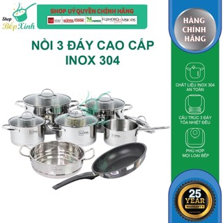 Combo bộ nồi inox 304 và xửng chảo chống dính cao cấp FIVESTAR 7 món nắp kính 3 đáy dùng được bếp từ , hồng ngoại , gas