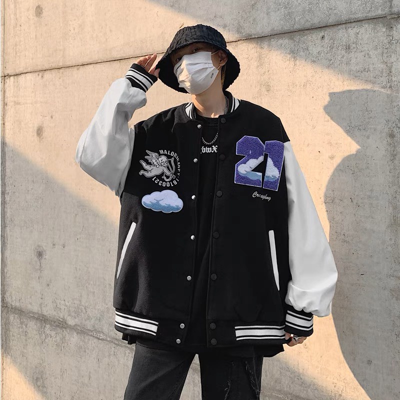 Áo khoác varcity unisex thiên thần 2 màu họa tiết thêu xù- áo bomber Miuzi DT150