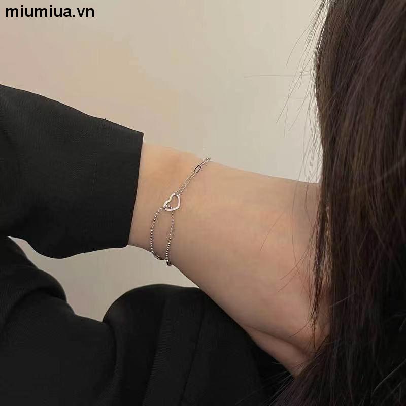 miumiuaVòng Đeo Tay Hai Lớp Bằng Bạc Họa Tiết Trái Tim Rỗng Phong Cách Hàn Quốc Thời Trang Sáng Tạo Cho Nữ
