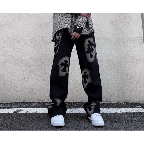 Quần Jean Hiphop chữ thập in chìm, Quần ống rộng Nam Nữ