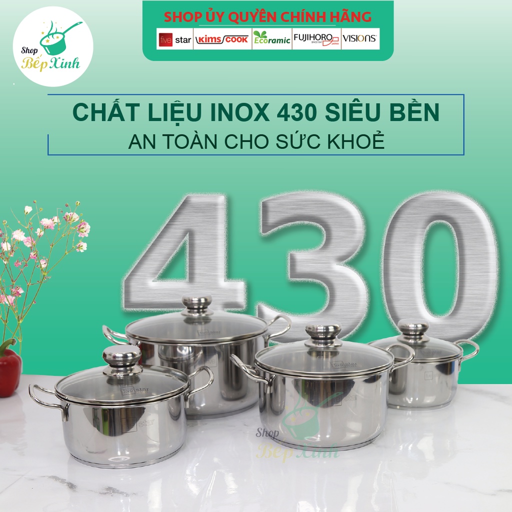 Bộ nồi Fivestar inox 430 nắp kính 3 đáy dùng được mọi bếp - nồi inox bếp từ cao cấp - tặng 1 vá canh