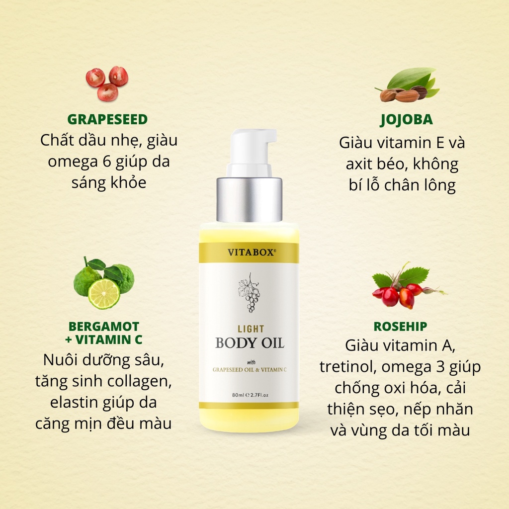 Dầu dưỡng thể Vitabox Light Body Oil - sáng da, mờ thâm, dưỡng ẩm - 80mL | BigBuy360 - bigbuy360.vn