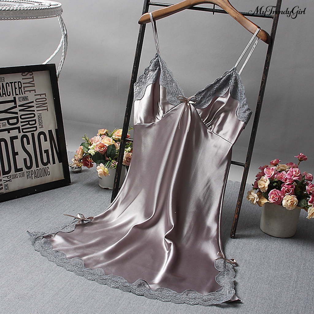 Đầm Ngủ Satin Hai Dây Phối Ren Màu Sắc Đơn Giản Cho Nữ