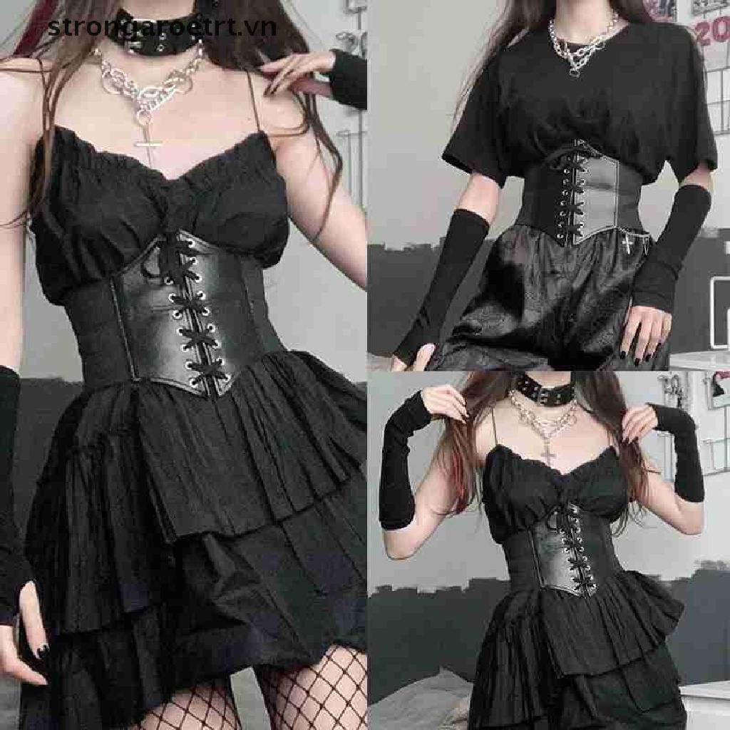 1 Đai Nịt Bụng Da PU Bản Rộng Buộc Dây Phong Cách Gothic