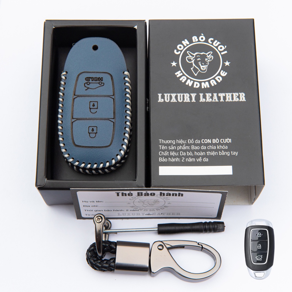 Bao Da Chìa Khóa Ôtô Hyundai  Da Bò Nhập Khẩu Italia, Khắc Tên + Số ĐT Chủ Xe