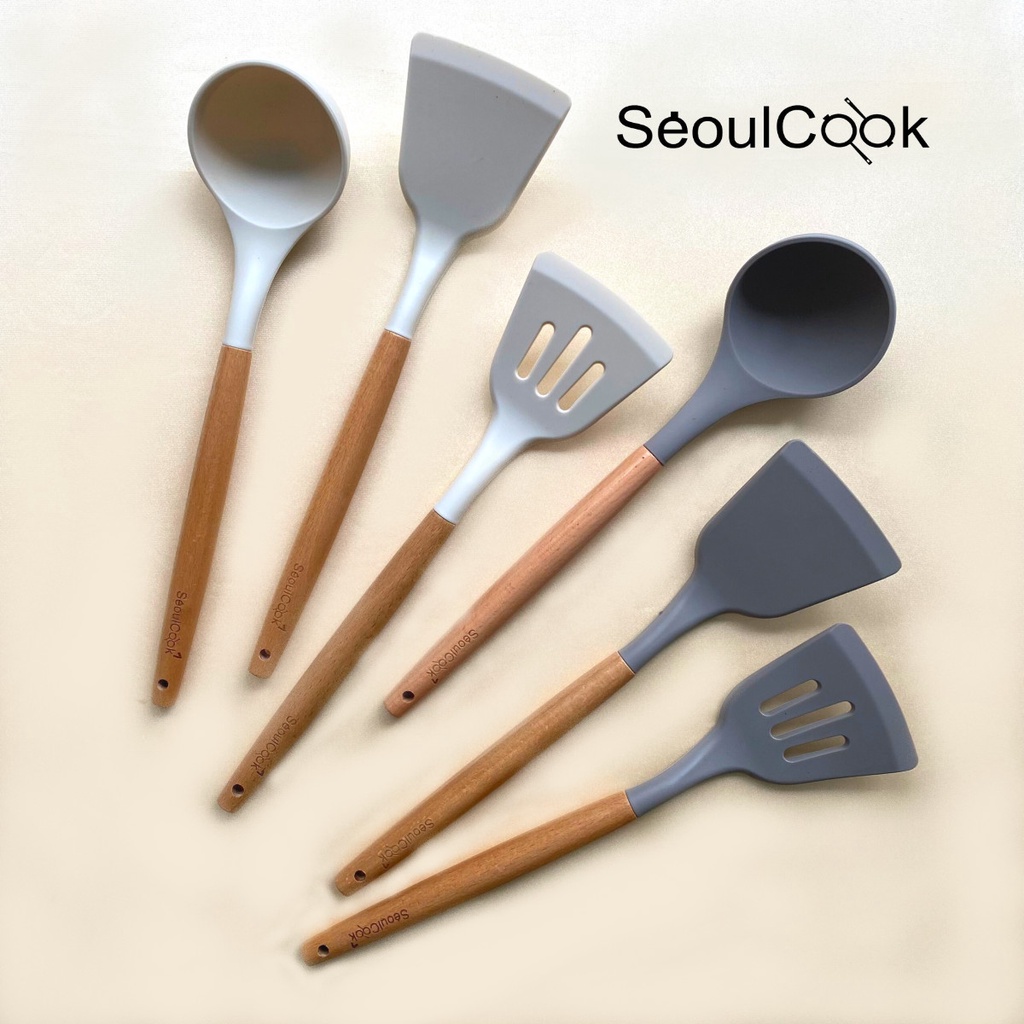 Vá / Xẻng silicon cao cấp chịu nhiệt chống dính cán gỗ Seoulcook, dùng cho nhà bếp, an toàn và dễ dàng vệ sinh