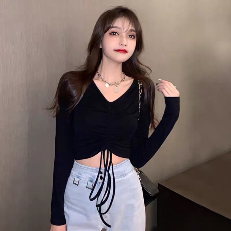 Áo kiểu thun croptop tay dài cổ tim rút dây cho nữ siêu dễ thương