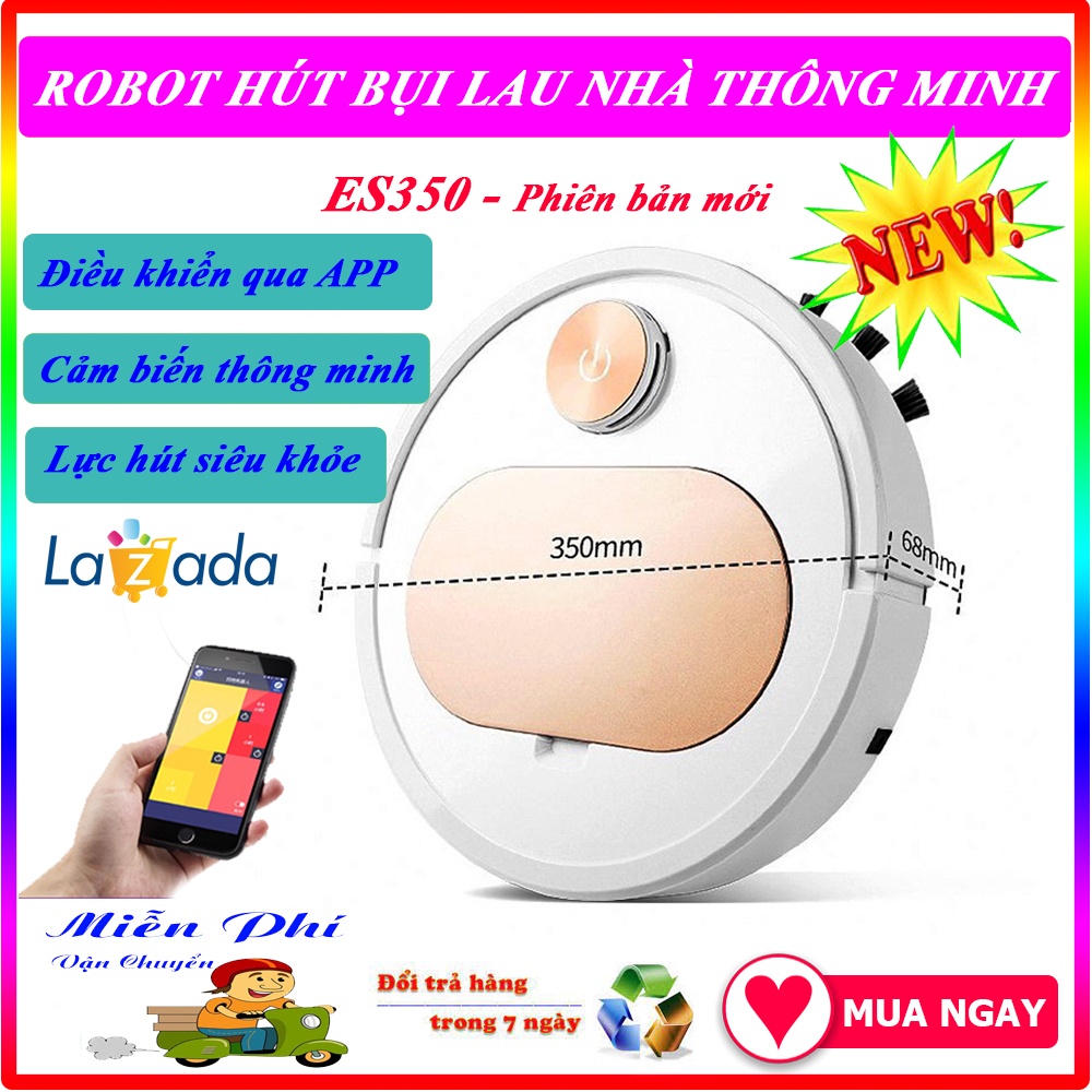 Robot Hút Bụi Lau Nhà, Máy Hút Bụi Thông Minh ES350, Điều Khiếp Qua App, Lực Hút Mạnh, Tự Động Dọn Dẹp