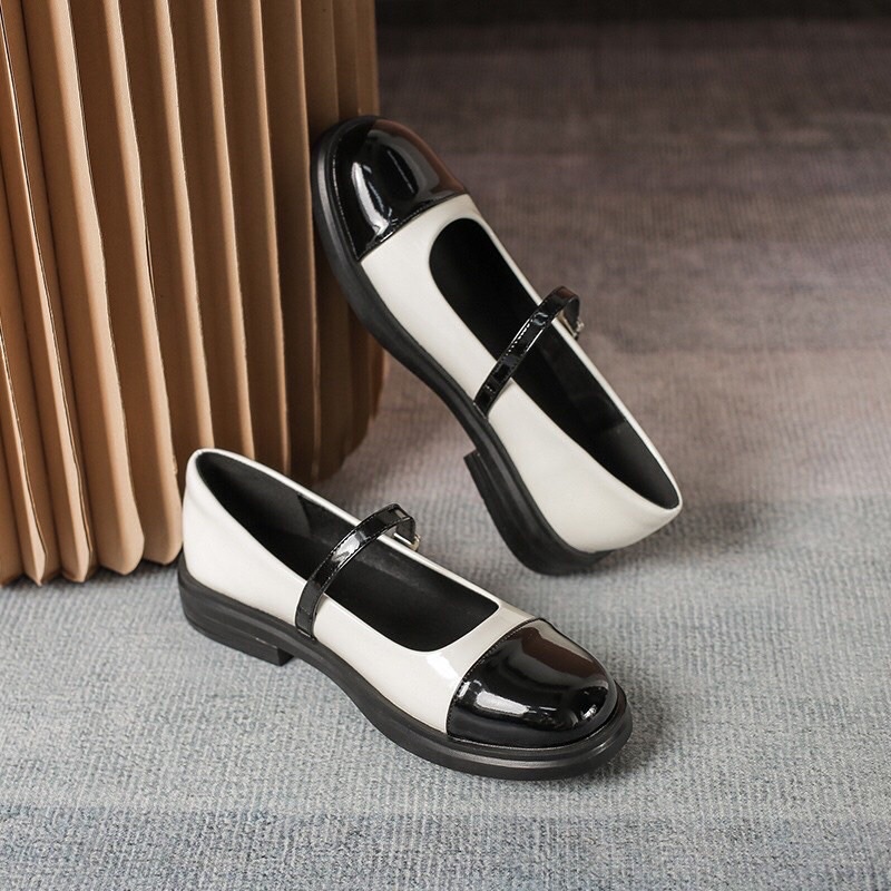 Giày Búp Bê Marry Jane Nữ Da Bóng Phối Màu Cực Xinh Điệu Đà Fom 1.5 Hàng Chuẩn Loại 1