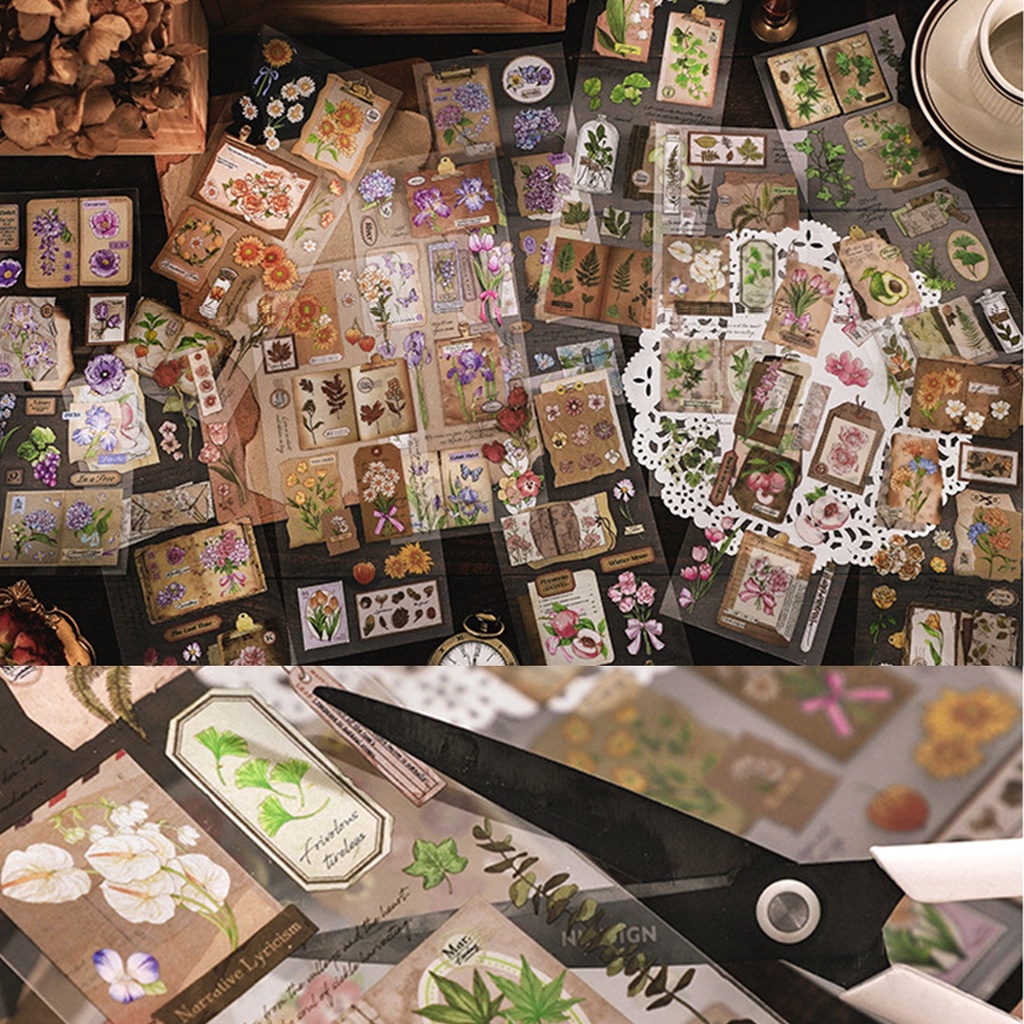 Set 3 tấm sticker PET các mẫu hoa nhiều màu sắc và giấy note trang trí journal