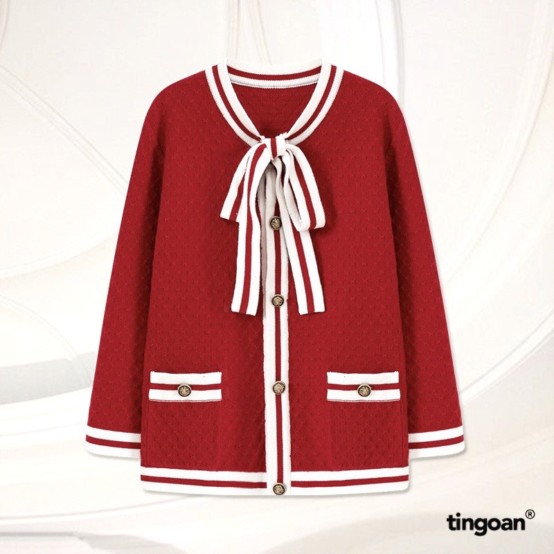 TINGOAN® - Áo len xù cardigan đỏ buộc nơ cổ BARBIE HEART CARDIGAN/RD