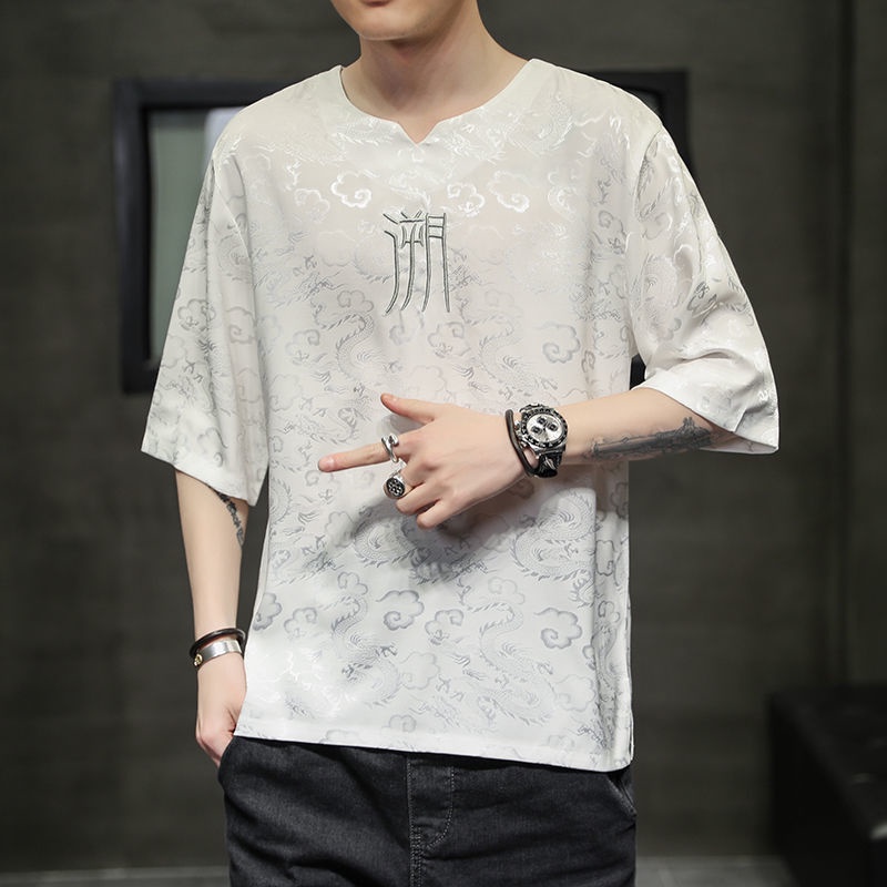 Baju sport lelakinavy blueChinese Áo Thun Tay Ngắn Bằng Lụa Lạnh Siêu Mỏng Họa Tiết Hoa Màu Tối Phong Cách Trung Quốc Cho Nam
