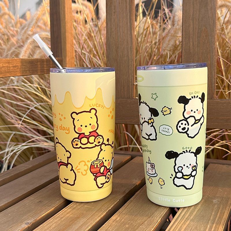 Cốc Giữ Nhiệt Bằng Thép Không Gỉ 304 550ml Thiết Kế Hình Gấu Pooh Màu Vàng