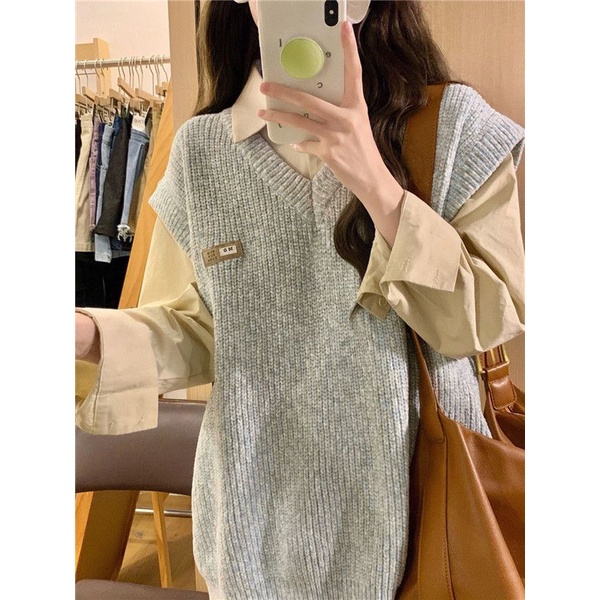 Áo Dệt Kim Sát Nách Cổ Chữ V Màu Xám Thời Trang Mùa Thu Cho Nữ Sinh