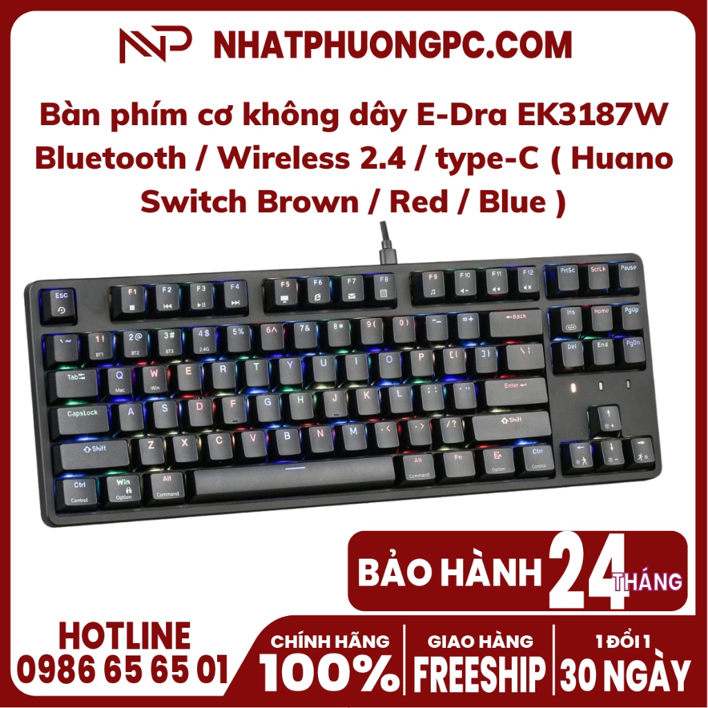 Bàn phím cơ không dây E-Dra EK3187W Bluetooth / Wireless 2.4 / type-C ( Huano Switch Brown / Red / Blue )