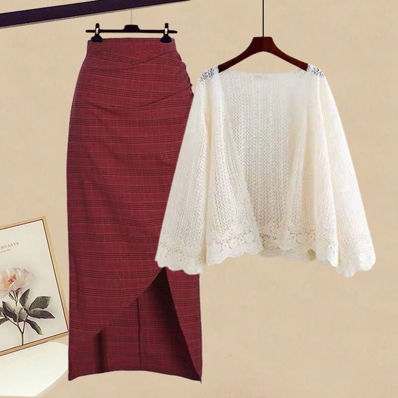 Bộ Áo Khoác Cardigan + Áo Khoác Cardigan + Chân Váy Sọc Ca Rô Thời Trang Xuân Thu Hàng Mới 2023