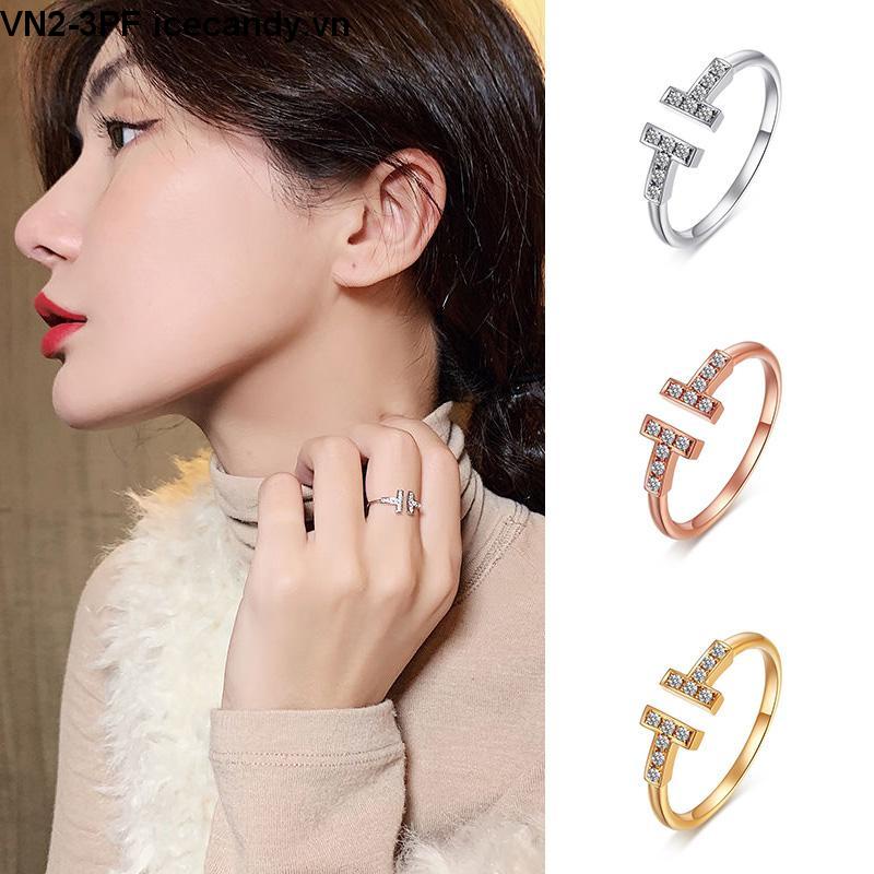 Nhẫn Thép Titan Đính Kim Cương Nhân Tạo Hình Chữ T Thời Trang Cao Cấp Phong Cách Hàn Quốc Cho Cặp Đôi