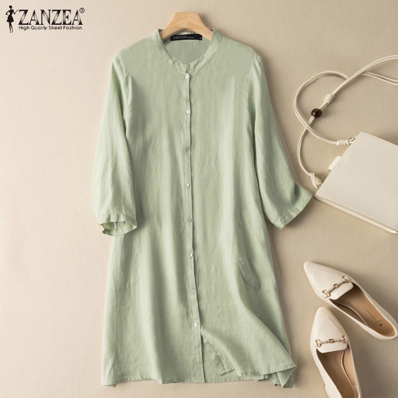 Đầm midi ZANZEA tay lửng cổ đứng có túi thời trang cho nữ