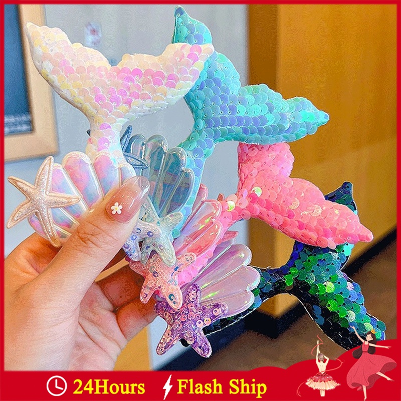 Kẹp Tóc Nơ Đính Vỏ Sò Lấp Lánh Cho Bé Gái