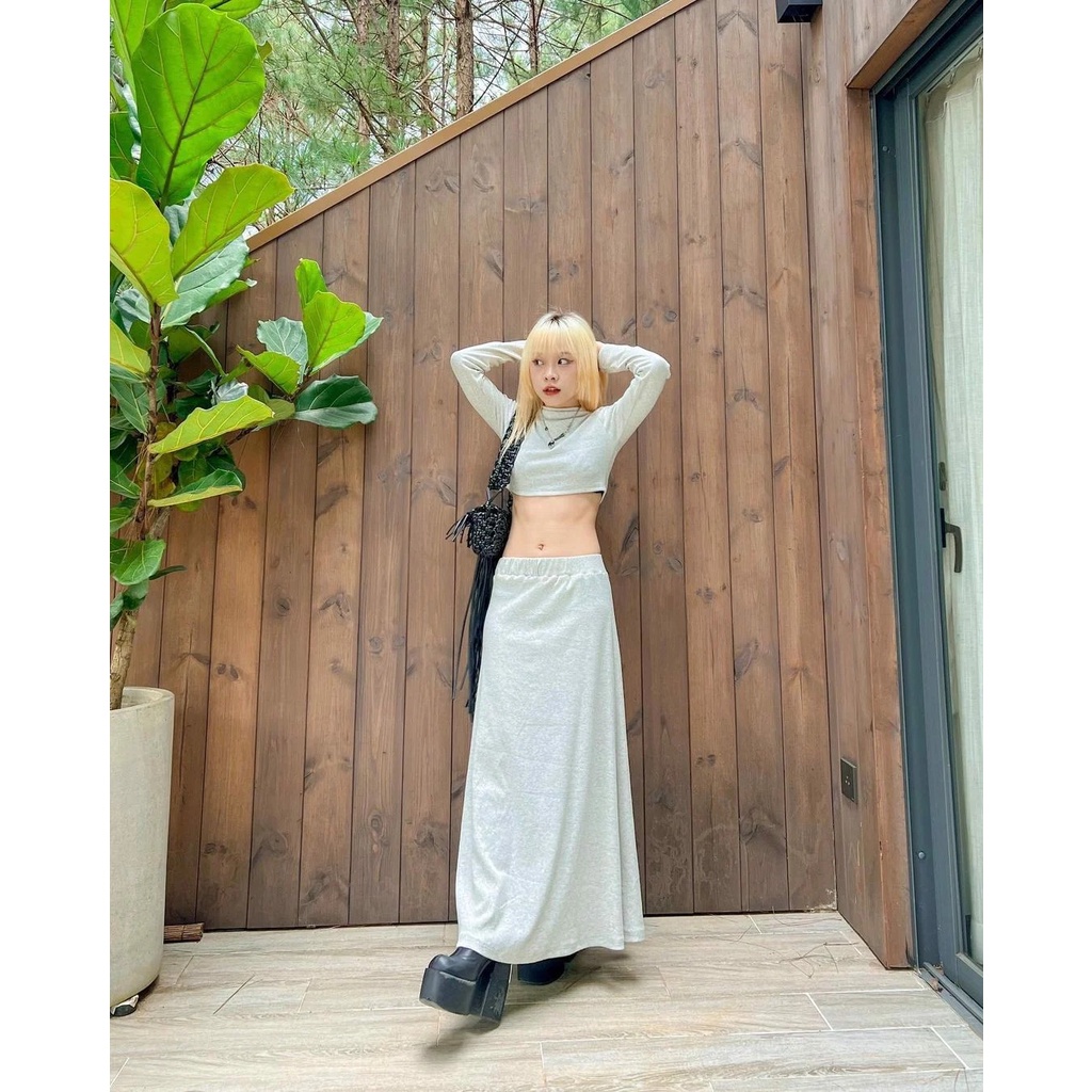 Long Sleeve Turtle Neck Top + Skirt - Set váy dài kèm áo croptop thun body Remmus dành cho nữ