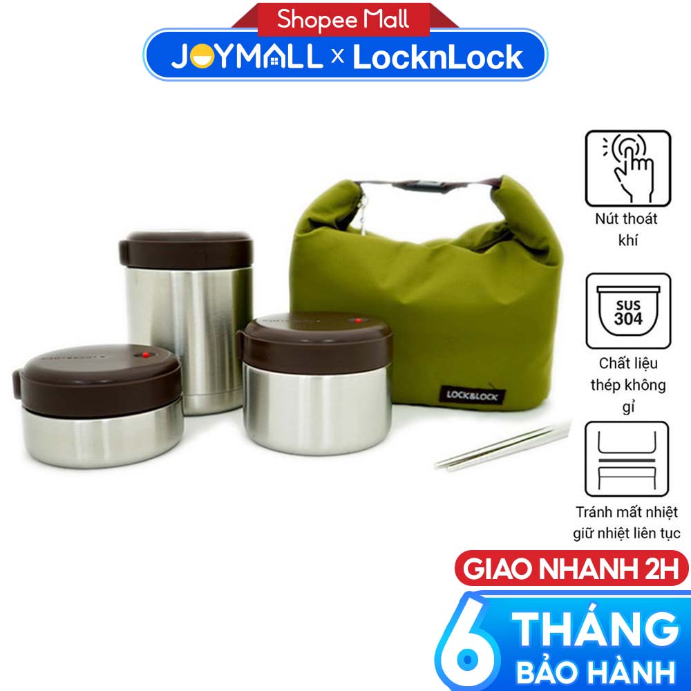 Bộ 3 hộp cơm giữ nhiệt Lock&Lock mushroom LHC8025SLV - Hàng chính hãng, có kèm túi và đôi đũa inox - JoyMall