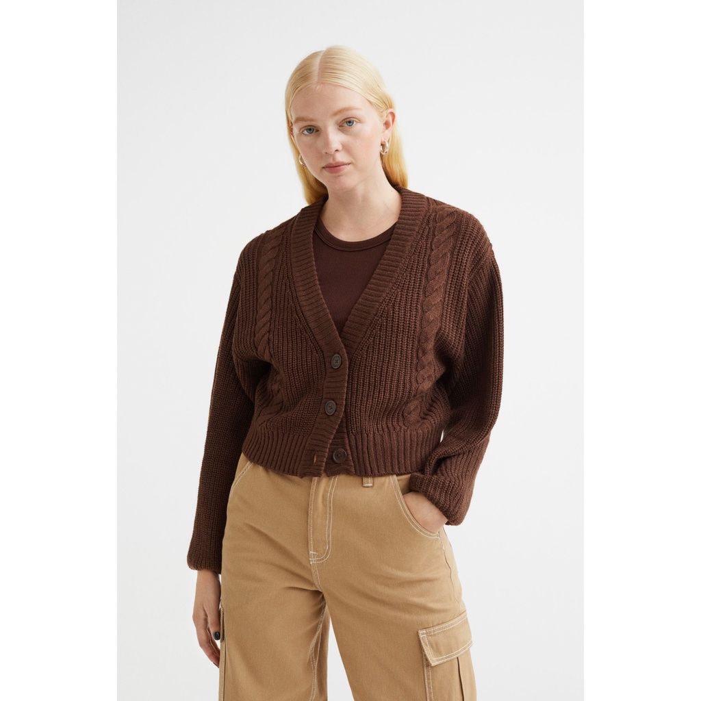 H&M Đức - Áo khoác cardigan len dày tay phồng vặn thừng nút trắng nâu tím sale auth cao cấp chính hãng có sẵn 1080845002