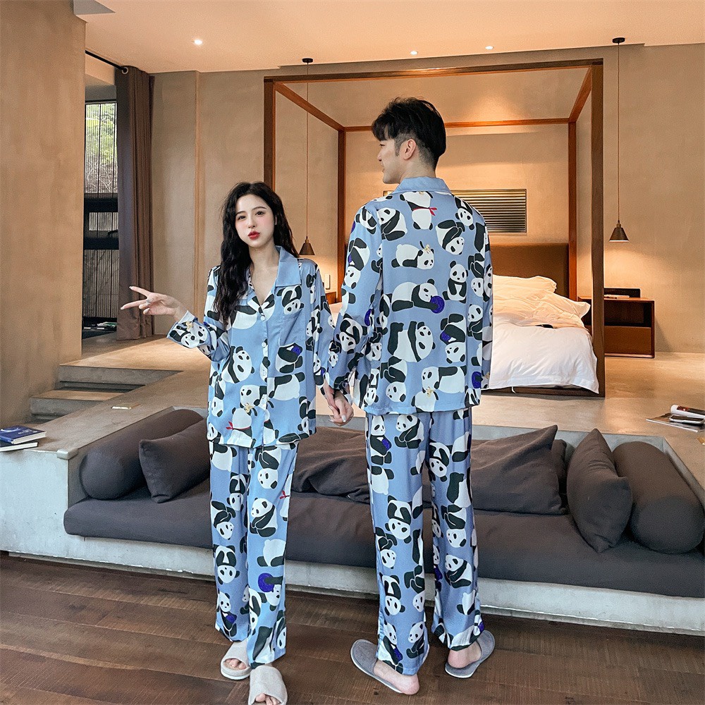 Đồ bộ ngủ Pyjama lụa tơ tay dài quần dài couple panda blue