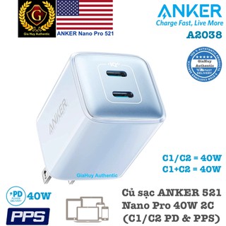Củ sạc nhanh ANKER 521 Nano Pro Dual USB-C 40W PD/ PPS 1.0 - A2038