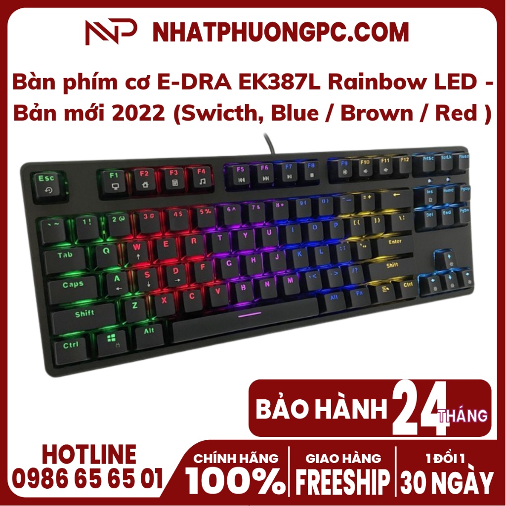 Bàn phím cơ E-DRA EK387L Rainbow LED - Bản mới 2022 (Swicth, Blue / Brown / Red )