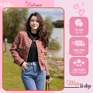 Áo dạ tweed kẻ siêu xinh, áo khoác dạ có đệm vai 2 lớp dày dặn