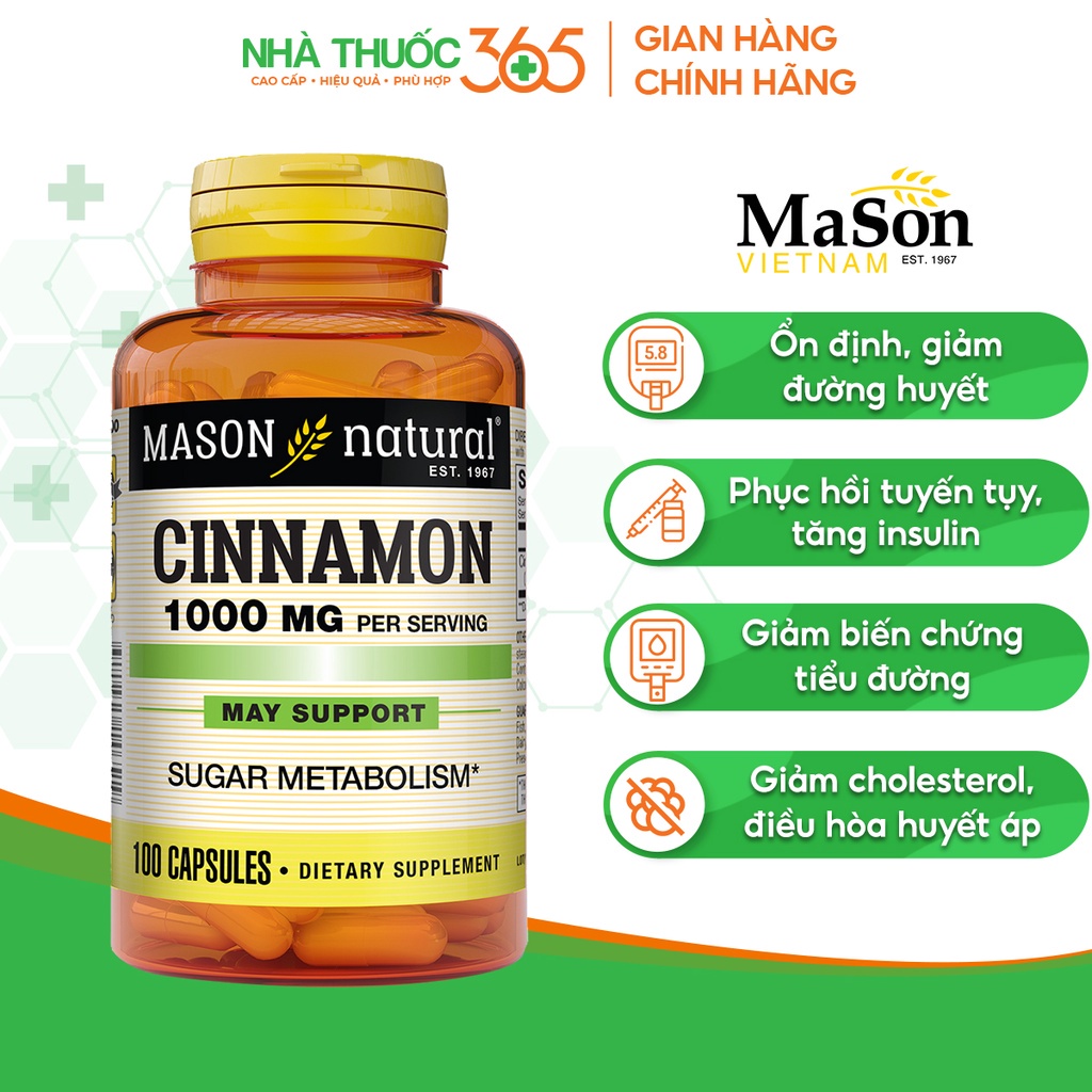 Viên Uống Hỗ Trợ Chuyển Hoá Đường Mason Natural Cinnamon 100 Viên