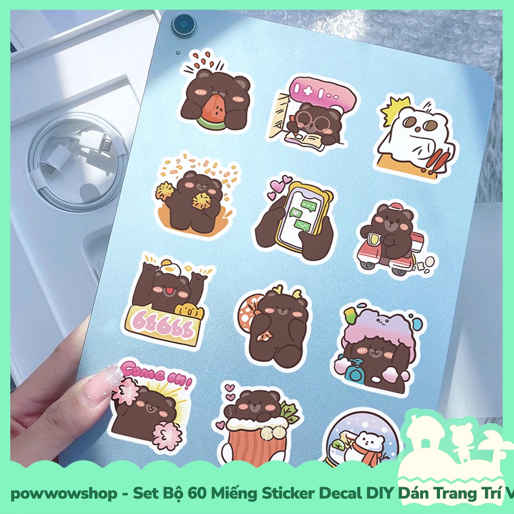[Sẵn VN - Hỏa Tốc] Set Bộ 60 Miếng Sticker DIY Chống Thấm Nước Dán Trang Trí Vật Dụng Phong Cách Hoạt Hình Brown Bear