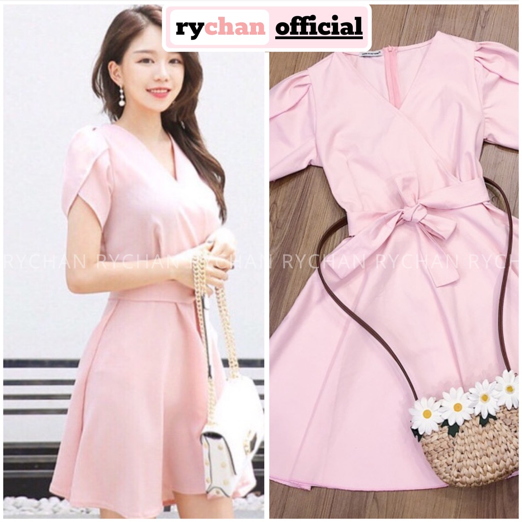 Đầm Dạo Phố Tay Xếp Cách Điệu Nơ Eo Cổ V Đáng Yêu, Váy Nữ Tay Ngắn Form Xòe Dễ Thương Màu Hồng [ẢNH THẬT CUỐI] - DX9765