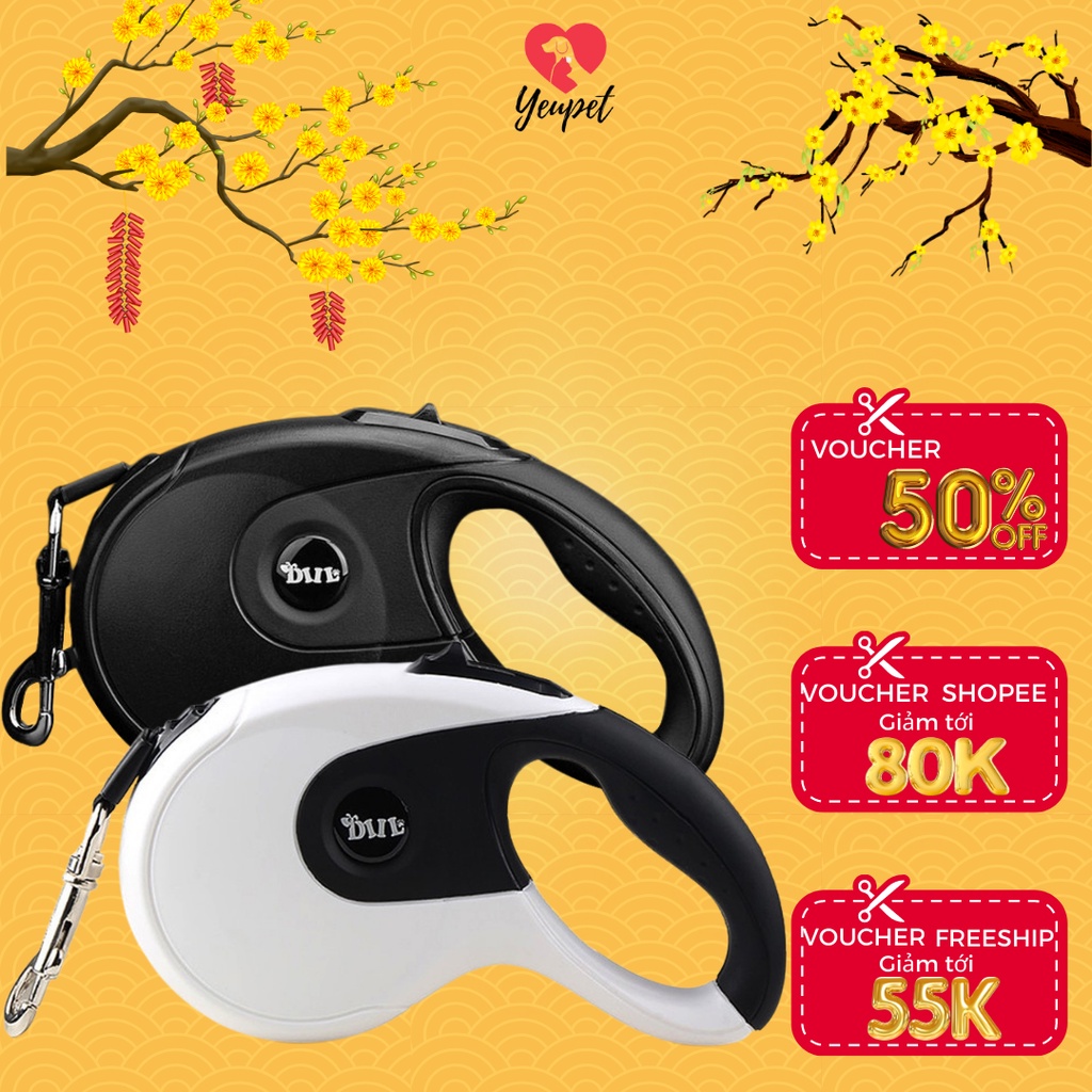 Dây dắt tự động cho chó mèo YEUPET ĐEN LUXURY cao cấp tự động thu gọn 3m-5m