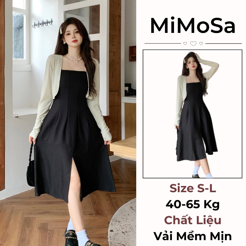 Set Váy Dài Kèm Áo Khoác Cardigan Mimosa, Đầm Nữ Hai Dây Thiết Kế Xẻ Tà Thanh Lịch, Sang Trọng 111