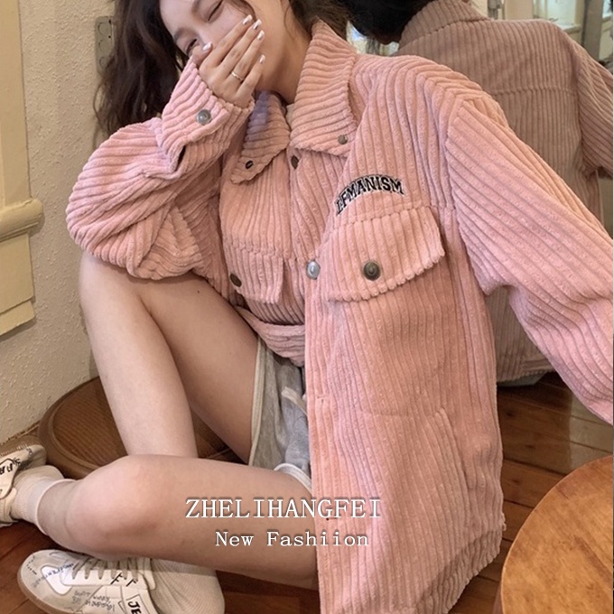 ZHELIHANGFEI Áo Khoác Bóng Chày Tay Dài Dáng Rộng Màu Hồng Dễ Phối Đồ