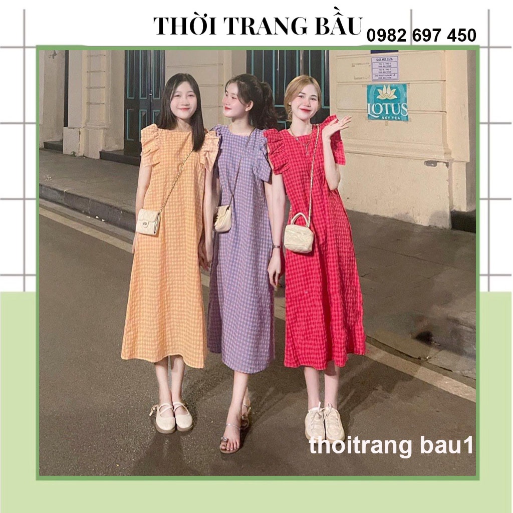[thoitrangbau1 V49] VÁY BẦU KẺ CARO CÁNH TIÊN THỜI TRANG HÀN QUỐC - ĐẦM BẦU MÙA HÈ CÔNG SỞ CAO CẤP, MẶC ĐI LÀM ĐI CHƠI