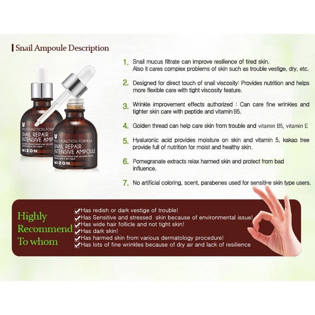 MIZON Snail Repair Intensive Ampoule 30ML / Chứa Thành Phần Ốc Sên Dưỡng Ẩm Làm Săn Chắc Da