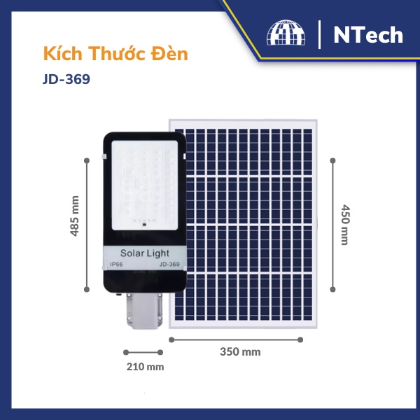 Đèn năng lượng mặt trời - Đèn đường NLMT Jindian JD-369 Công suất 300W Khung Nhôm, Chip Led "SMD" - BH 02 Năm