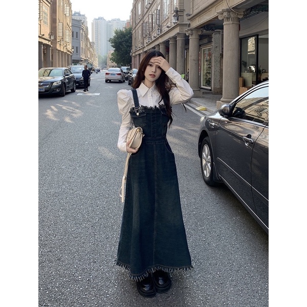 (SẴN YẾM M) SET ÁO SƠ MI + YẾM JEAN NỮ DÁNG DÀI ULZZANG
