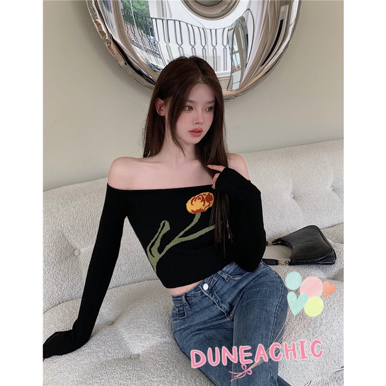 DUNEA Áo Croptop Dệt Kim Tay Dài Trễ Vai Thiết Kế Quyến Rũ Cho Nữ