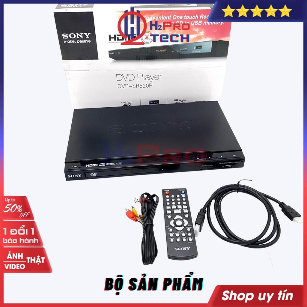 Đầu Đĩa Dvd Sony DVP-SR520P Hdmi-Usb-SD, Điện 12V-220V, Đầu Dvd-Cd Sony Karaoke Cao Cấp, Quà 60K Dây HDMI-H2Pro Tech