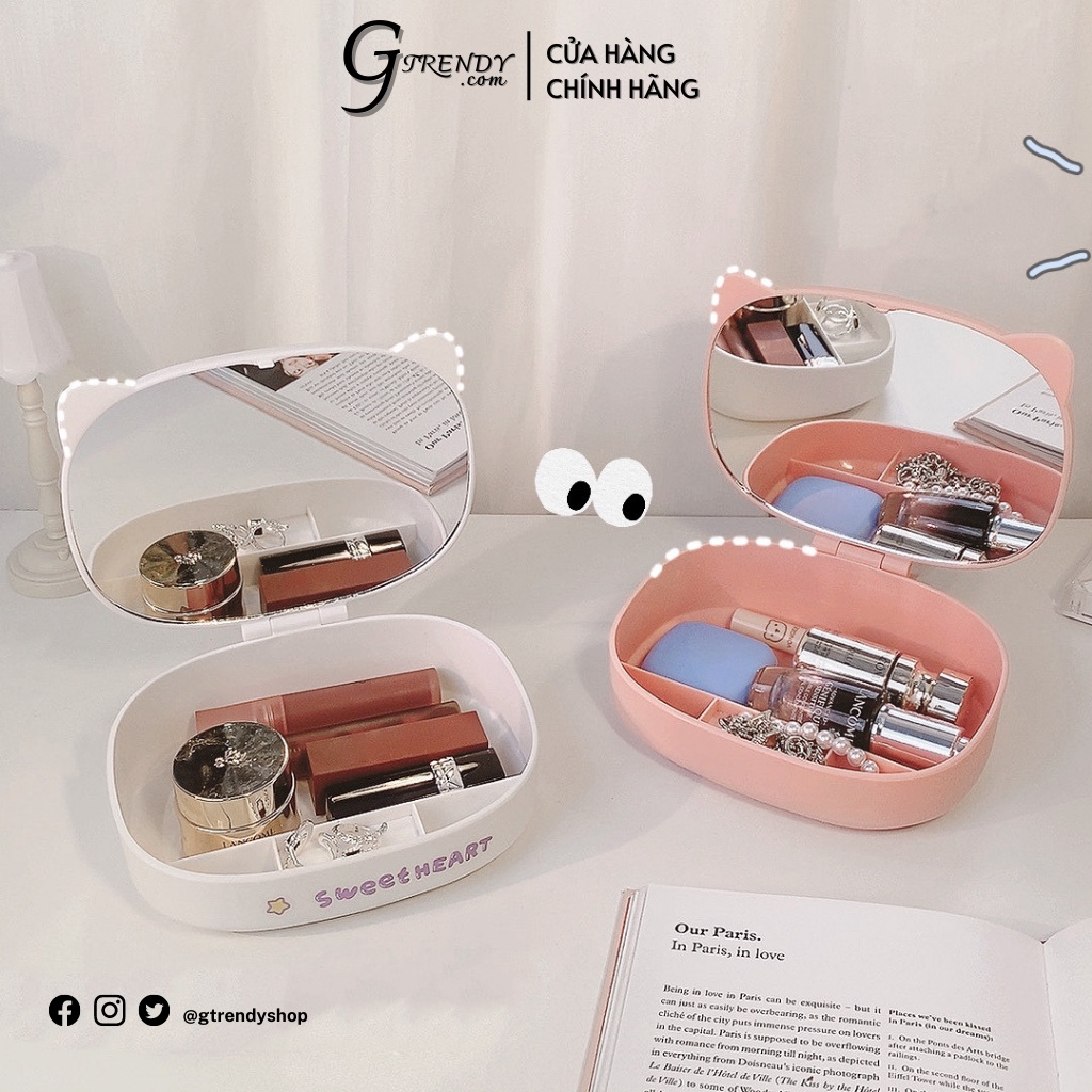 [Tặng Sticker] Hộp gương tai gấu đựng mỹ phẩm trang điểm phong cách Hàn Quốc GTRENDY
