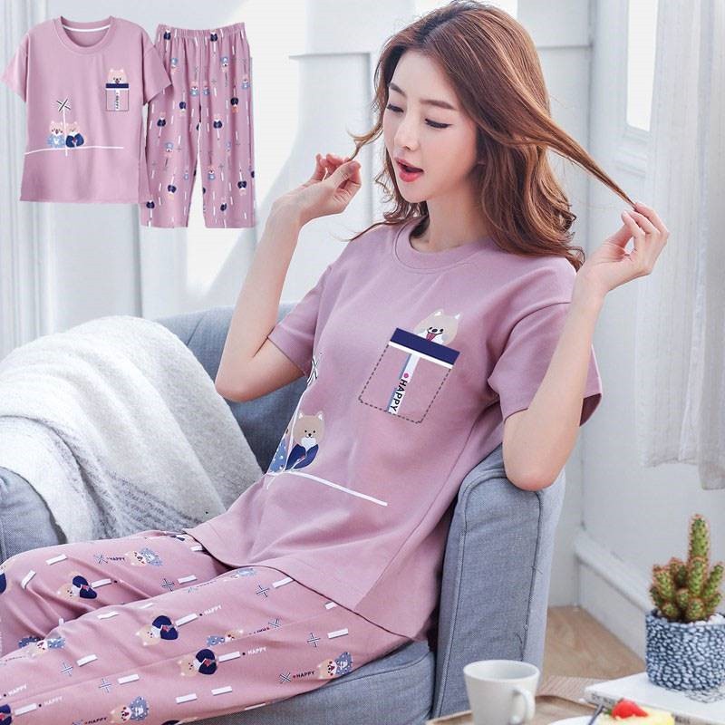 Bộ Đồ Ngủ Vải Cotton Tay Ngắn Dáng Rộng Cỡ Lớn Thời Trang Mùa Hè Cho Nữ
