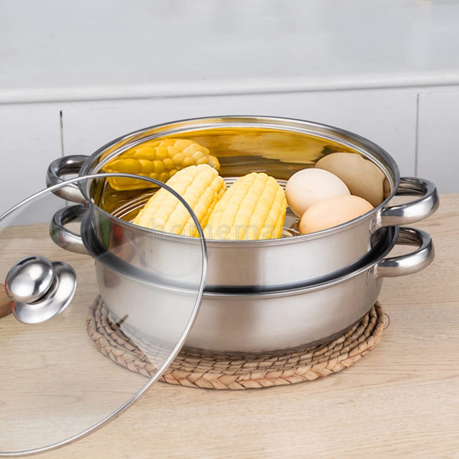 Nồi Xửng Hấp Inox 2 Tầng Đa Năng, Bộ Nồi Đa Năng 2 Tầng 28cm, Có Nắp Đậy Thủy Tinh