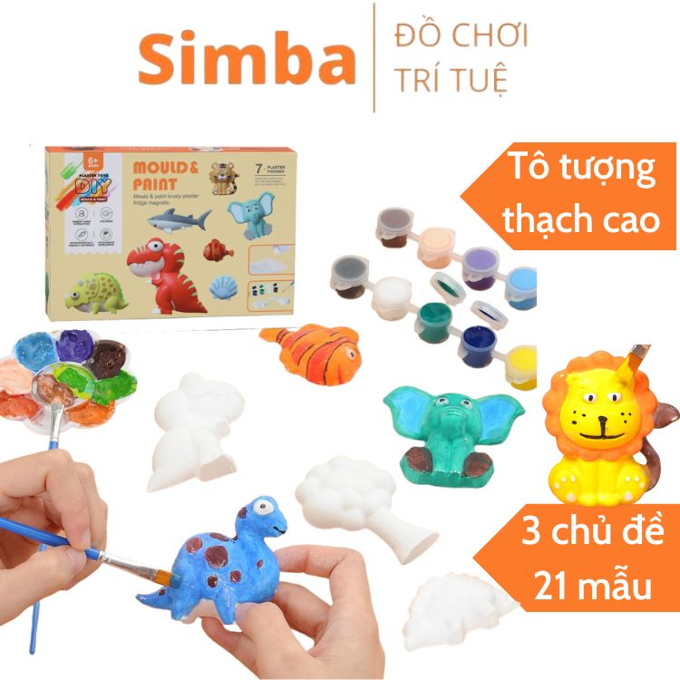 Tô tượng thạch cao tự làm DIY đồ chơi tô tượng tô màu kèm màu nước cọ vẽ nhiều chủ đề động vật, khủng long đồ chơi Simba
