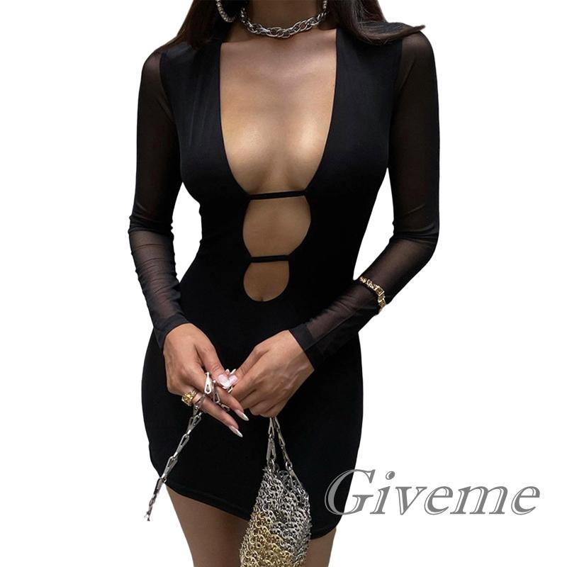 Đầm Body Tay Dài Cổ Chữ V Khoét Sâu Màu Sắc Thanh Lịch Cho Nữ