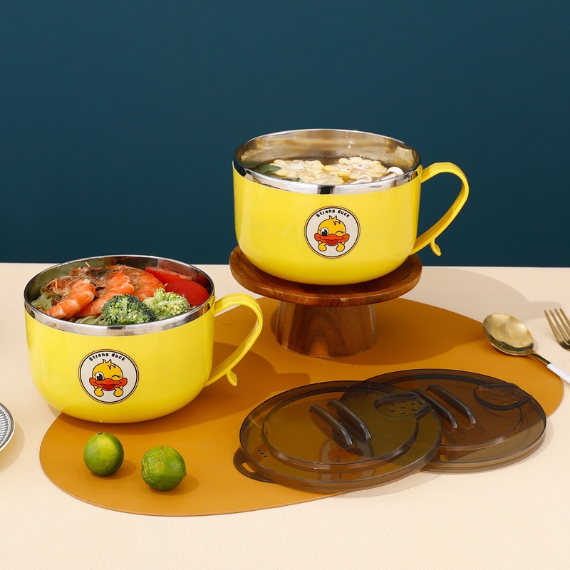 Tô ăn mì - Bát inox có nắp đậy dung tích 1 lít họa tiết vịt vàng